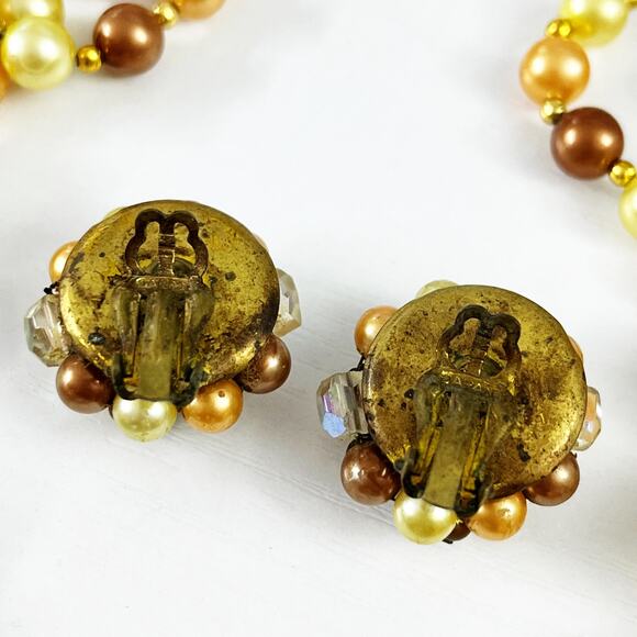 Vintage JAPAN 3-Strand Gold Chunky Bead Necklace & Earring Set - Picture 7 of 9